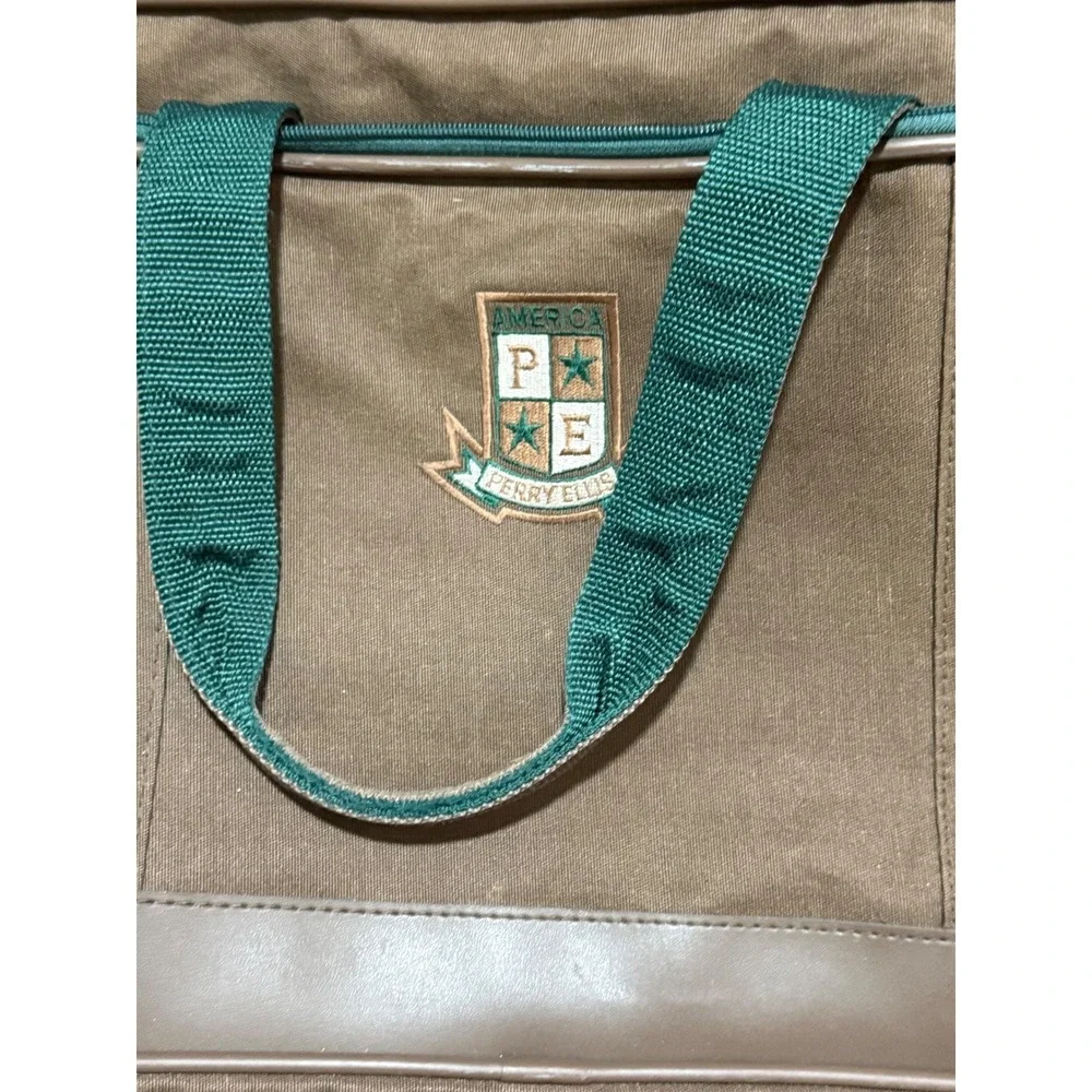 Perry Ellis America Vintage Duffle Bag Tan Green Canvas Travel Weekender Crest